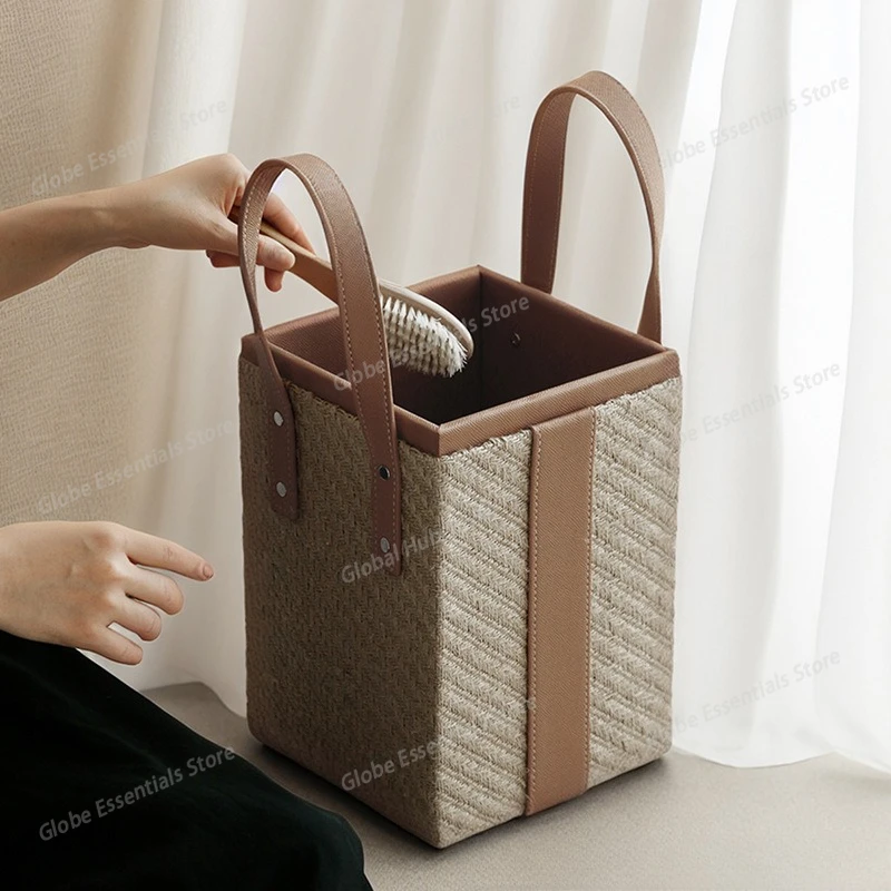 Leather Storage Basket Hand-woven Dirty Clothes Baskets Modern Minimalist Japanese Style Storage Boxes Organization Accessory