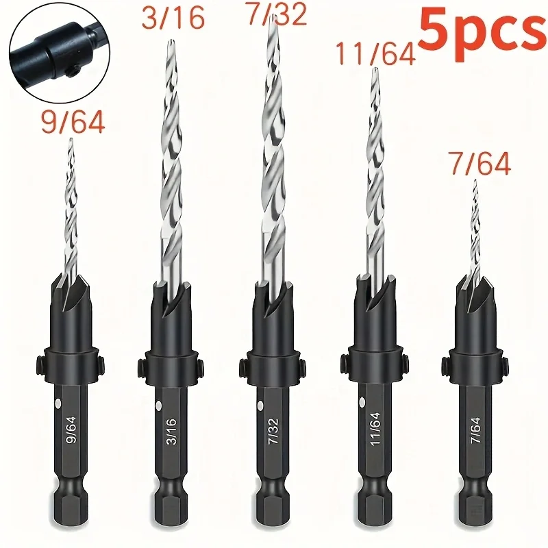 5Pcs Tapered Countersink Drill Woodworking Drill Bit Set Drilling Pilot Holes for Screw Sizes Hand Tool Set Countersink Set