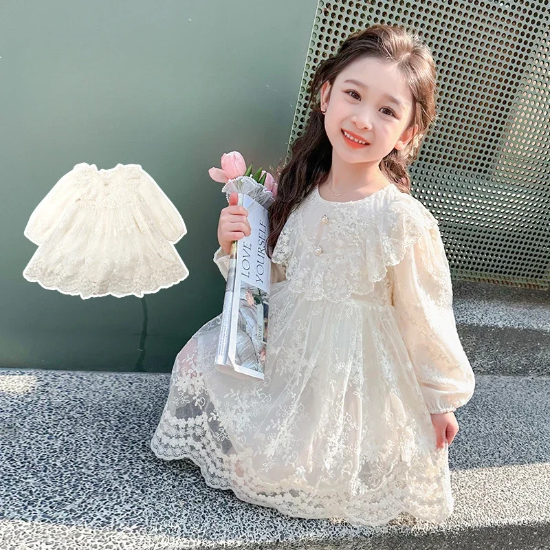 Girls Ruffled Lace Dress Spring and Autumn New Fashion Girls Solid Color Long Sleeve Casual Princess Dress 2-8y  Ropa De Niña