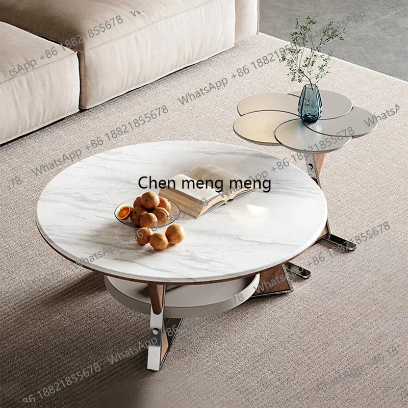 RR Modern Living Room Coffee Table Set with Hanging Storage Tray Round Center Table Sets for Office Stainless Steel Side Table