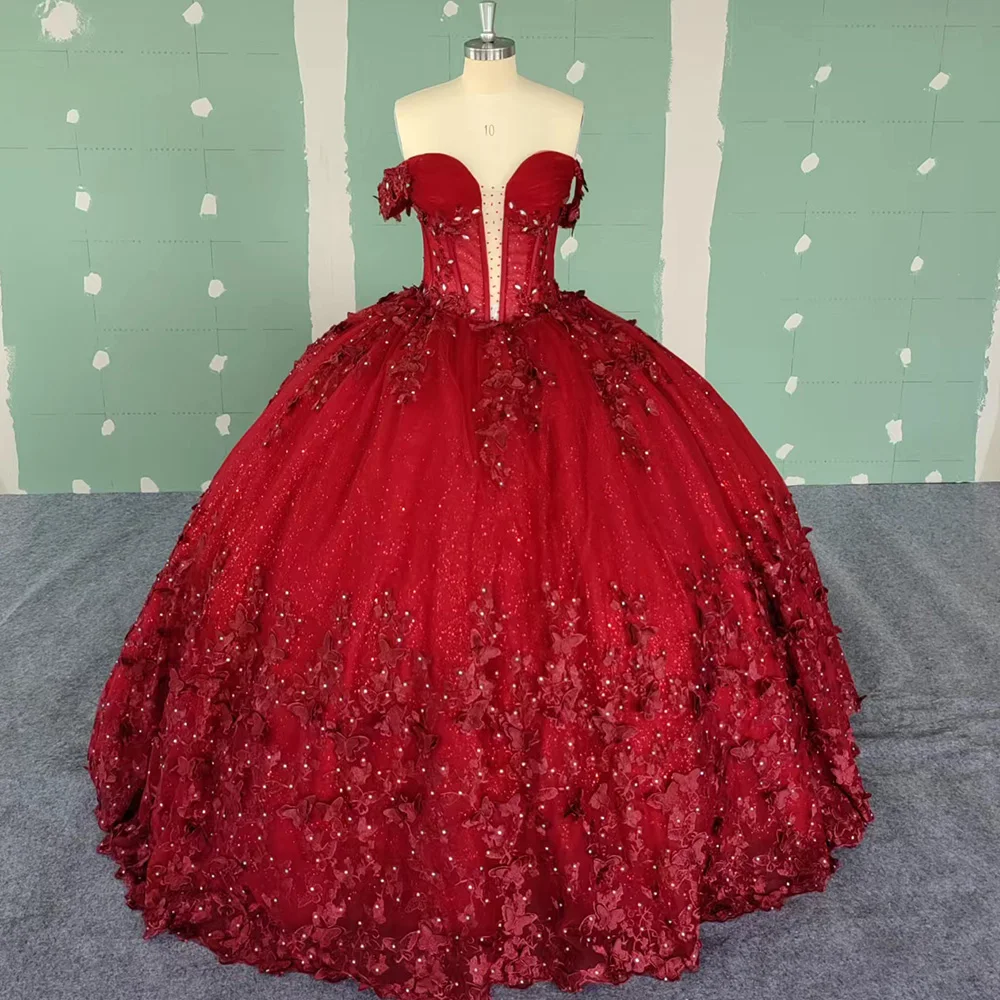 

Очаровательное красное бальное платье, платье Quinceanera, украшенное бисером, 3D Цветочное платье для дня рождения, конфетное платье 16 дюймов Wc018