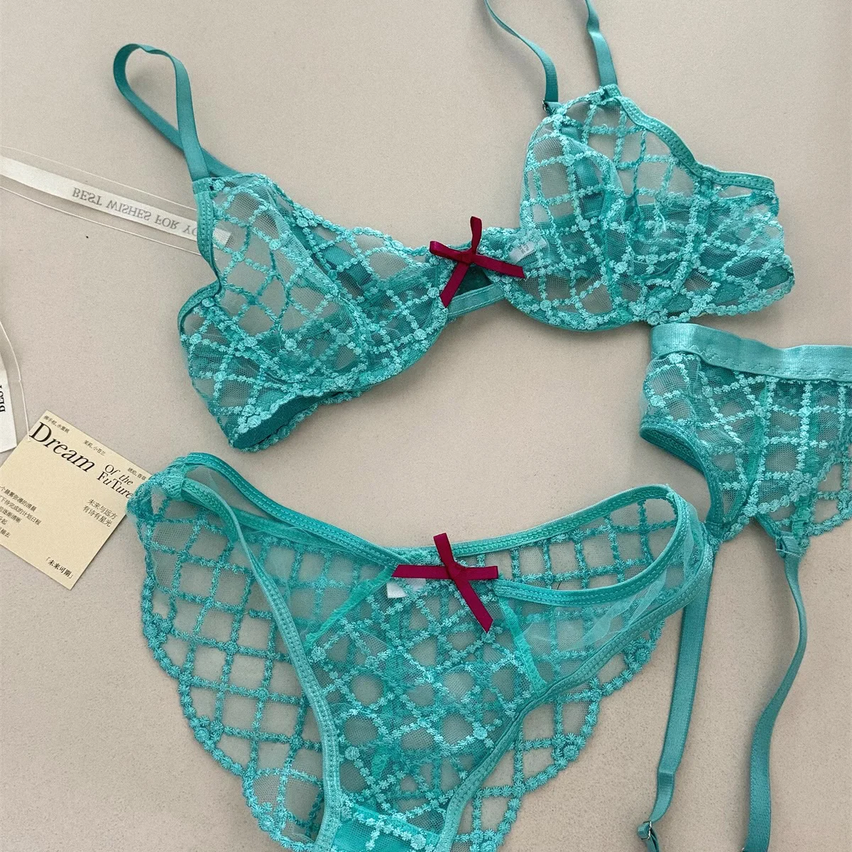 Sujetador + bragas + liga, encaje ultrafino transparente Push Up mujeres Sexy ropa interior para dormir conjuntos entramado Push Up chicas jóvenes azul