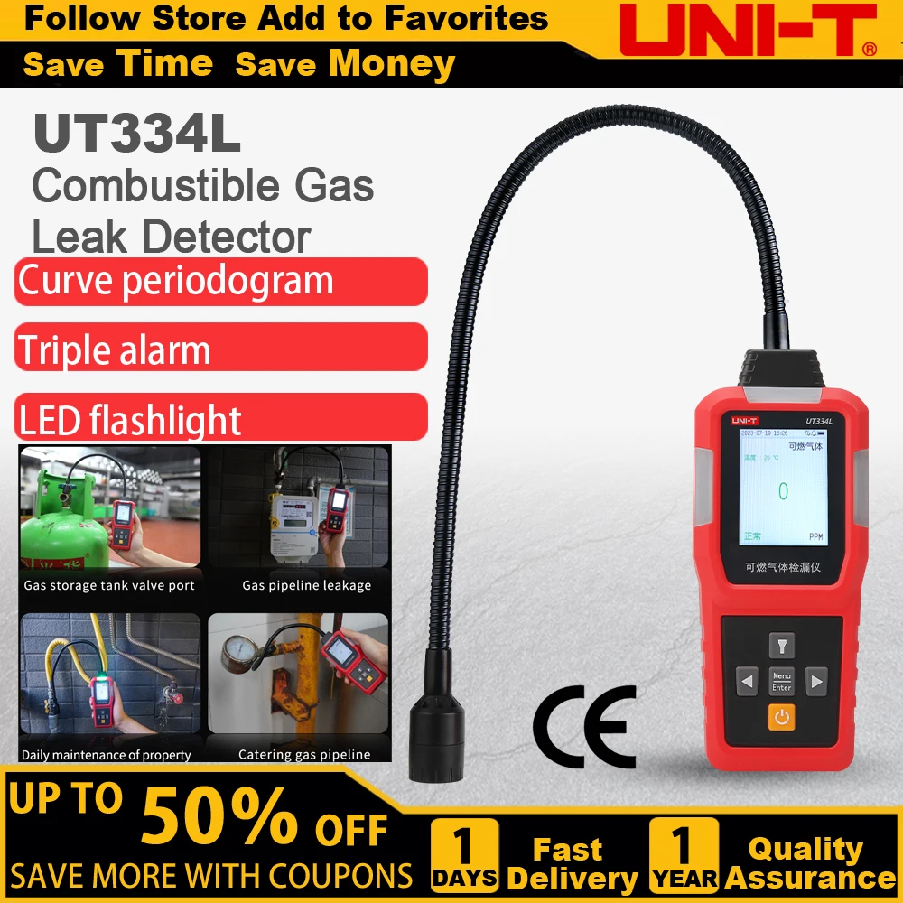 

UNI-T UT334L Natural Gas Detector Combustible Gas Leak Detector Locating The Source of Methane Propane Sound & Screen Alarm