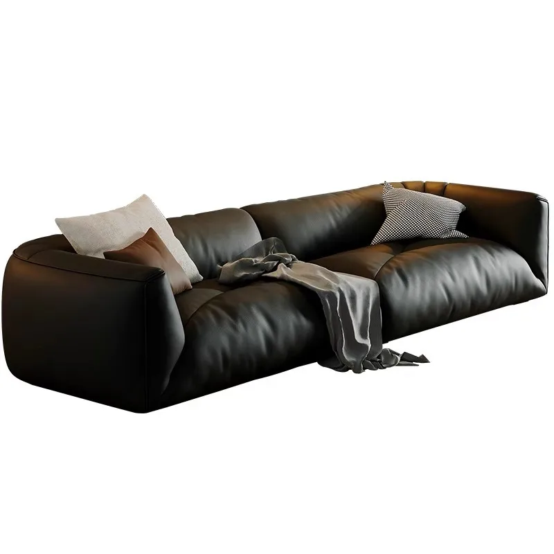 

Leather sofa, Italian minimalist, ecological, light luxury, modern black living room, small apartment, cloud sofa
