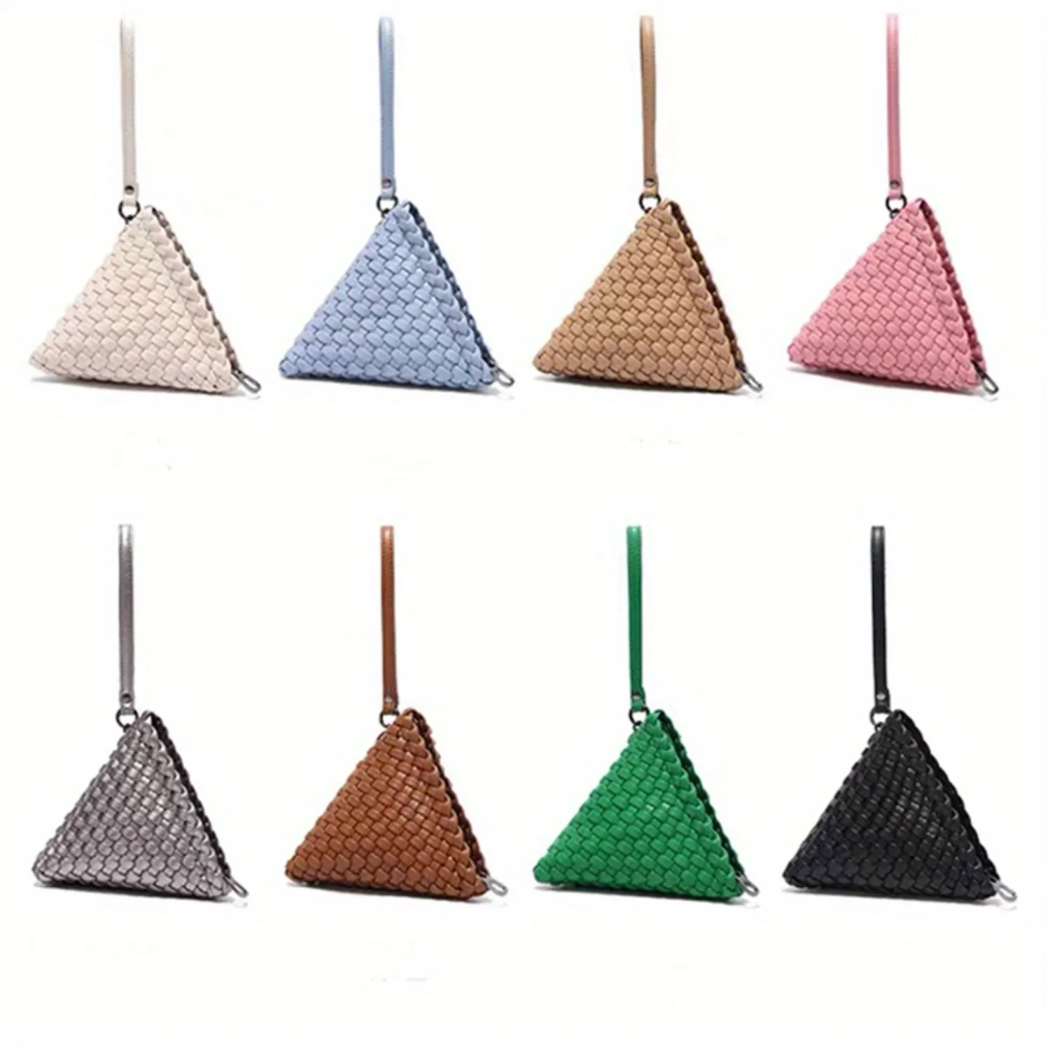 Stylish Braided Triangle Coin Purse with Mini Solid Color Zipper Pouch and Personalized Accessory Bag Including Wrist Strap