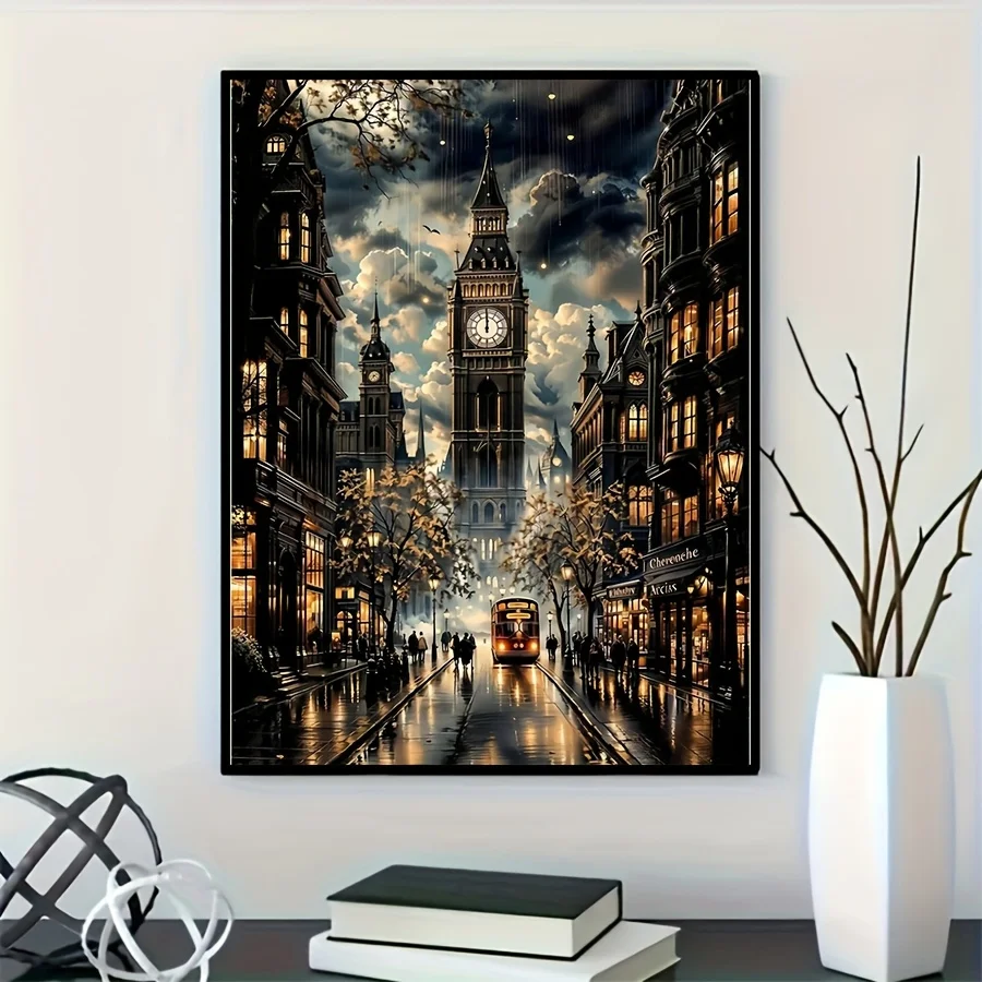 Stadtlandschaft 5D Diamant-Mosaik Vollrund/Quadratisch DIY Diamantmalerei Komplettset Heimdekoration Rahmenlos