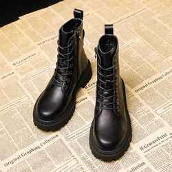 New Women's Combat Fall Lace-up Boots Women's Shoes Women's Fashion Leather Ankle Boots Winter Black Comfort Platform