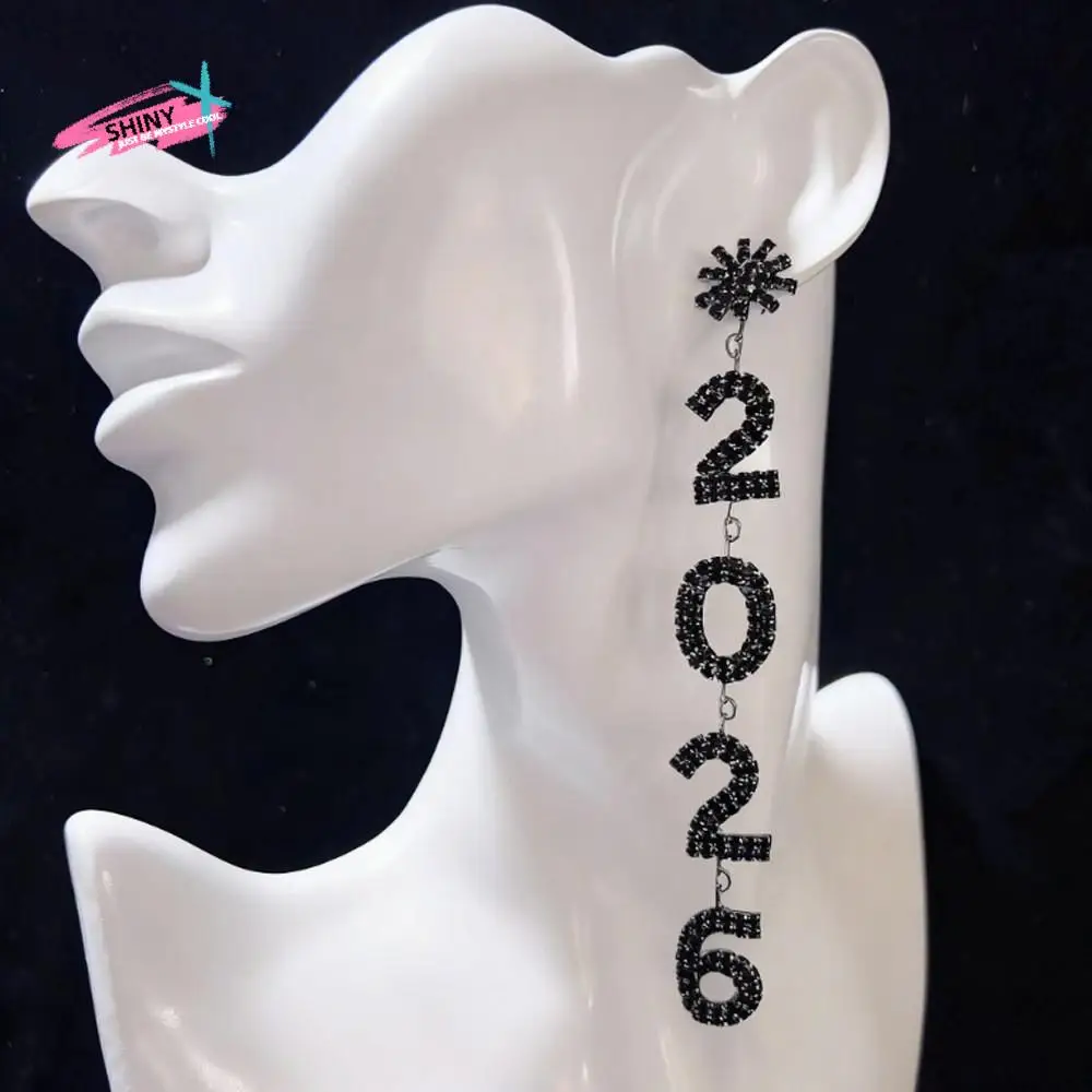 الجمالية 2026 أقراط مجوهرات حجر الراين سنة جديدة سعيدة أقراط قطرة طويلة لامعة كريستال أقراط الحفلات قلادة الفتيات