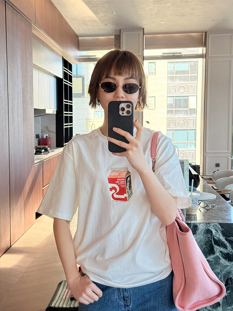 

WinnieTang Pure Cotton round Ne T-irt Casual Loose ort Sve Milk Box Print Pattern Slimming Basic Sle for Women