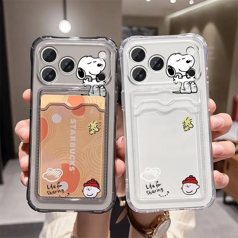 Anime Snoopy Soft Card Slot Pocket Phone Case Protective Case for IPhone 15 14 17 16 Pro Max Plus Transparent Protective Case