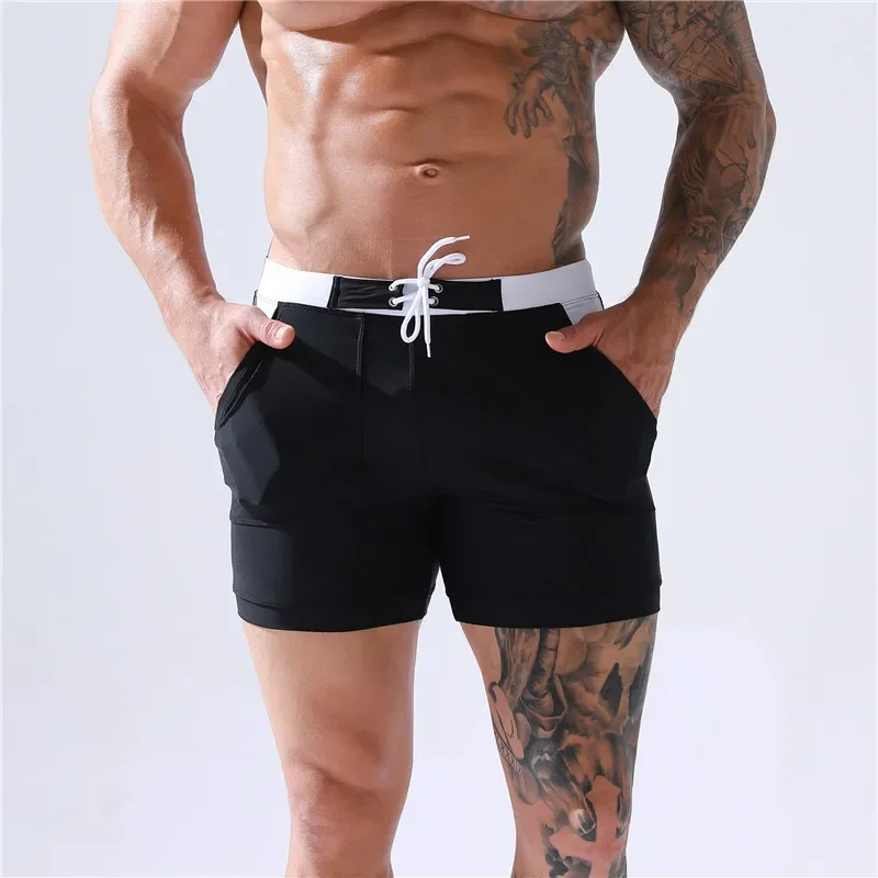 Sexy Men\'s Swimwear Shorts Summer Quick Dry Swimming Trunks Surf Board Shorts Boxer Briefs Tethered Swimsuit Beachwear 2024 New