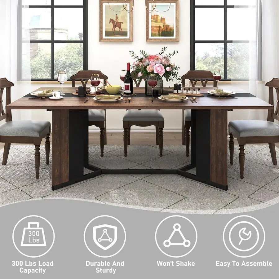 Dining Table for 6 People,Modern Brown Rectangular Kitchen Table W Waterproof Wood Tabletop,Farmhouse Long Dining Room Tables W