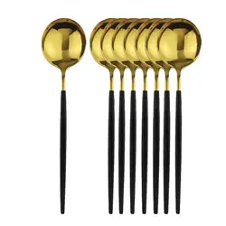 8Pcs Dinner Spoon Dinnerware Stainless Steel Silverware Gold Tableware Kitchen Flatware Black Cutlery