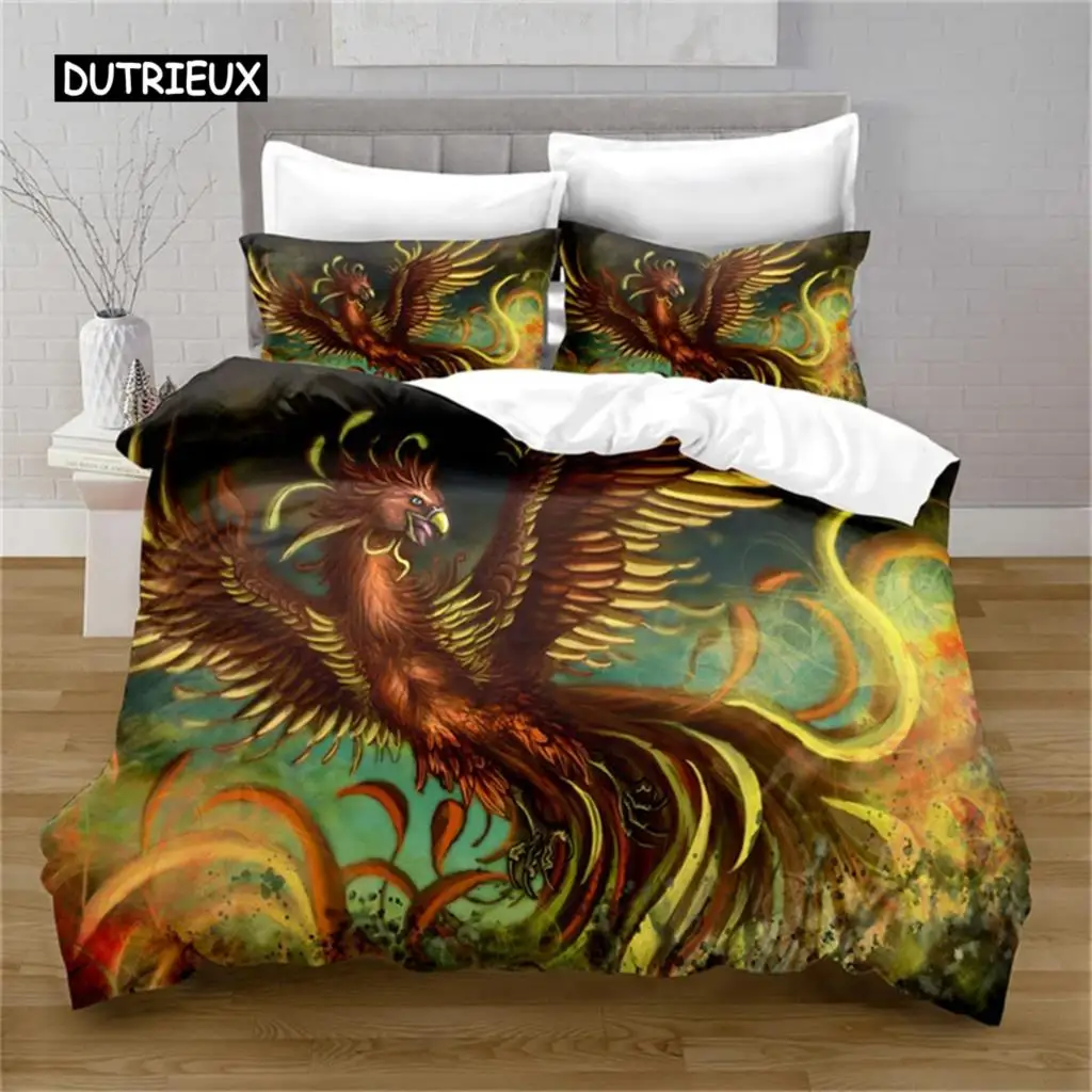 Gorgeous Colorful Phoenix Duvet Cover Set Cartoon Birds Bedding Set Full Microfiber Flame Wings Comforter Cover Bedroom Decor