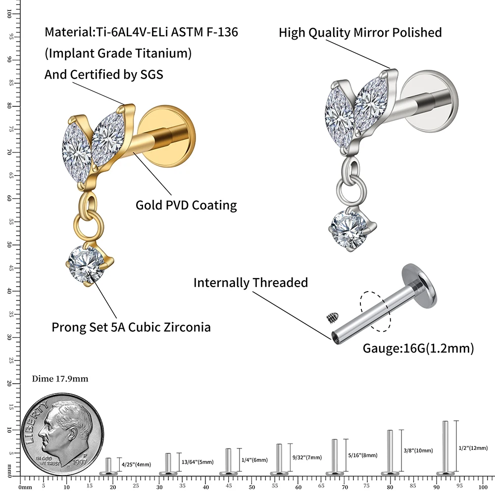 Right Grand ASTM F136 Titanium Double Marquises with CZ Dangle Stud Earring Cartilage Helix Tragus Flat Back Piercing Jewelry