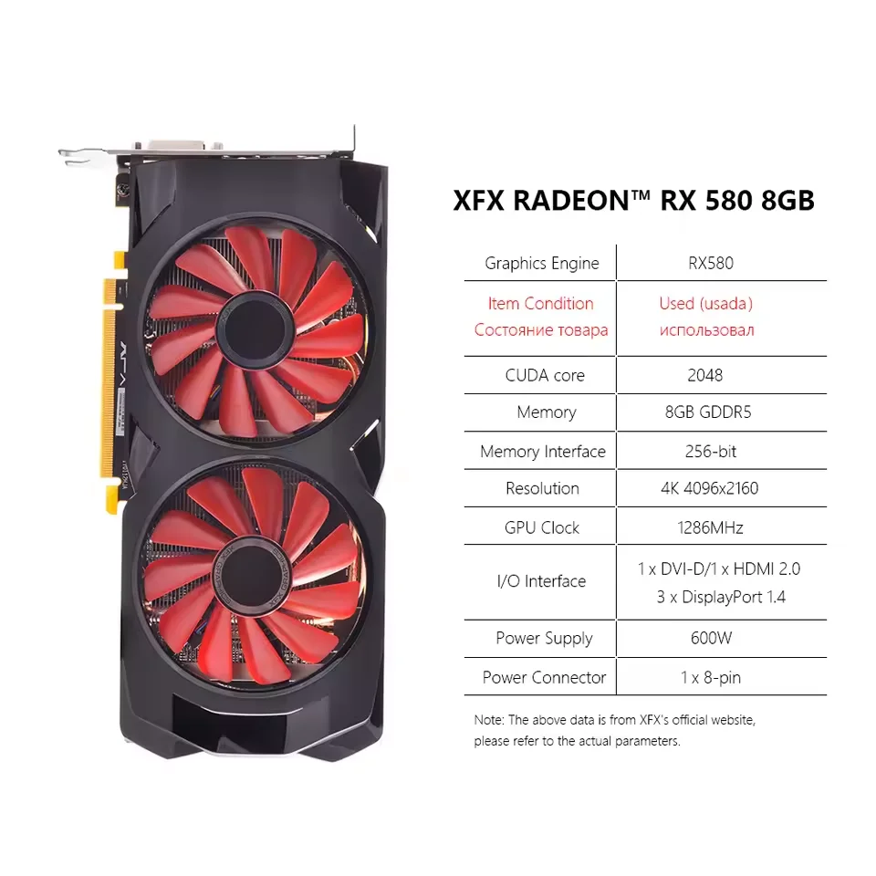 Original XFX RX 580 8GB Graphics Cards AMD GPU Radeon RX580 8GB 2048SP Video Screen Cards Desktop Game Map Videocard Mining