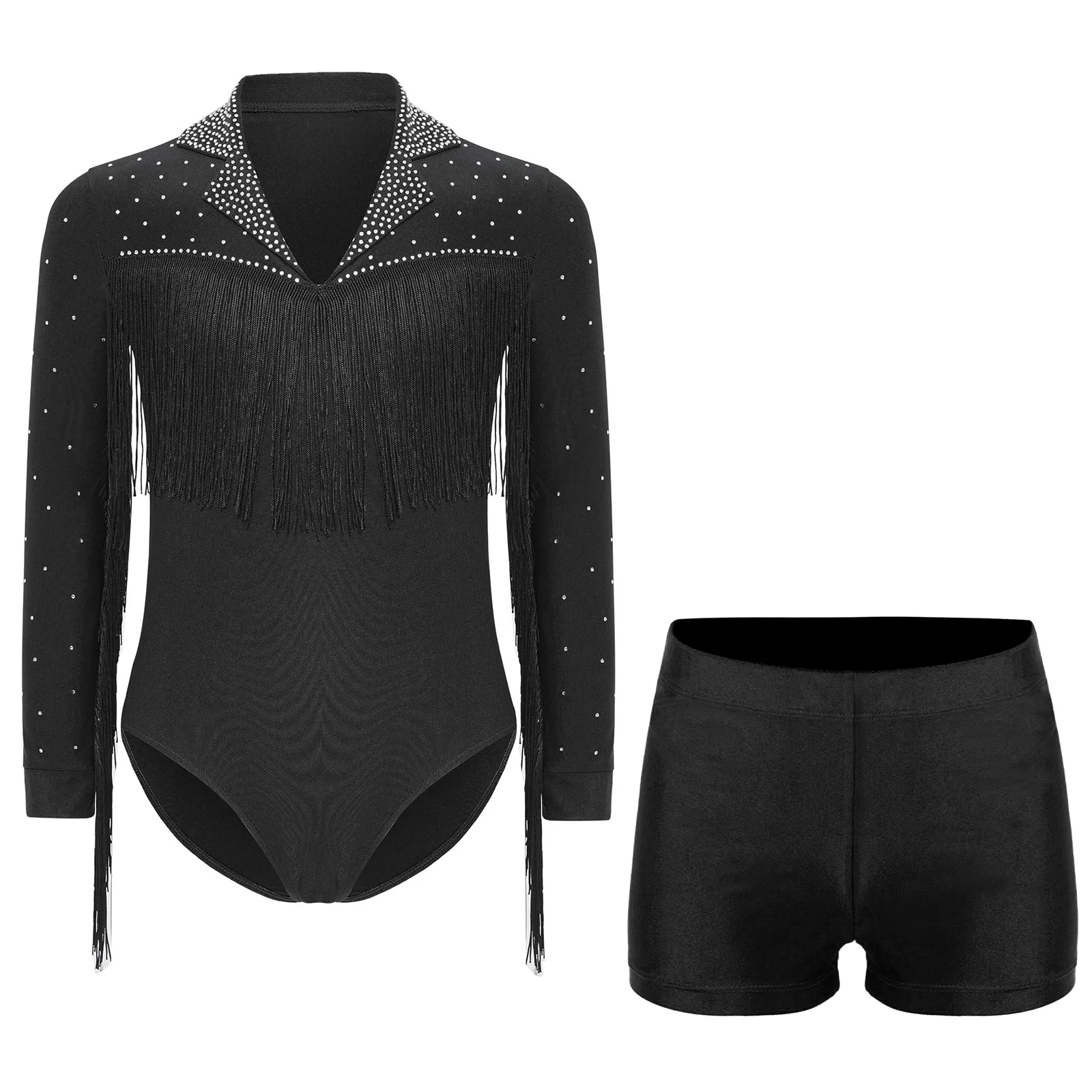 

Kids Boys Latin Dance Leotard Long Sleeve Shiny Rhinestones Tassel Bodysuit with Shorts for Latin Jazz Dance Stage Performance