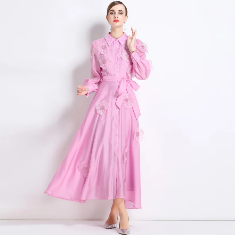 Ele Long Sve bestickter Patchwork-Stehkragen A-Linie Dr Street Sle Midi Dr. Polyester gestricktes Thiened Autum...