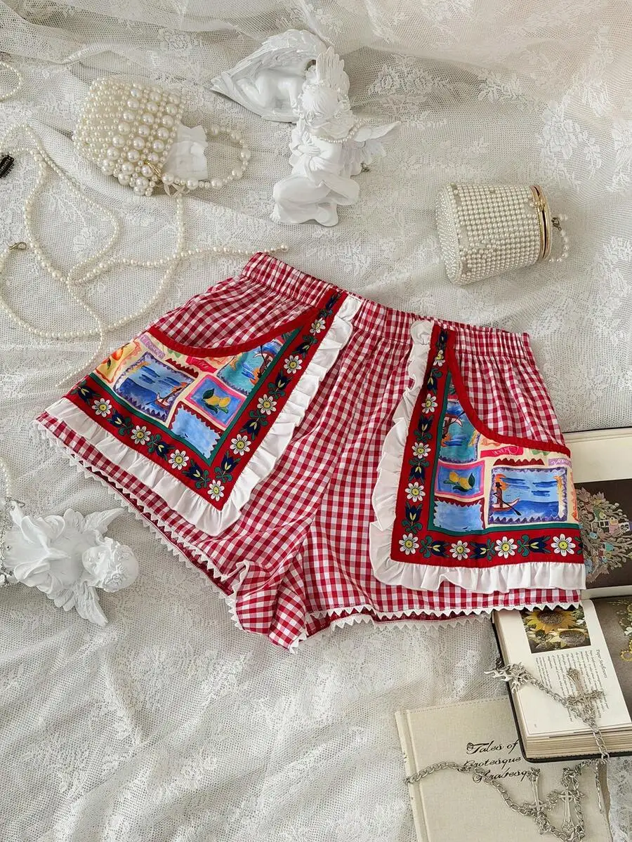 

Red Gingham Patchwork Shorts With Ruffles And Floral Pattern Women Loose Fit Pajama Shorts