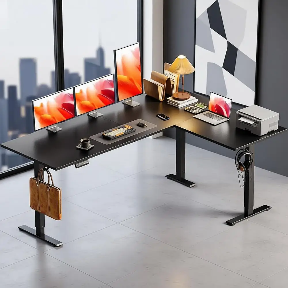 مكتب كهربائي مريح على شكل 63 لتر، ارتفاع قابل للتعديل، مكتب قائم زاوية كبيرة لمحطات العمل في المنزل والمكتب، أسود