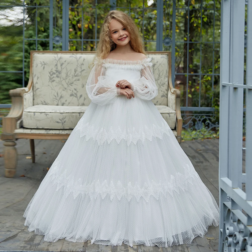 

Customized Elegant Off-shoulder Long Sleeves Flower Girl Dresses Dot Tulle White First Communion Gown Toddler Formal Birthday Pa