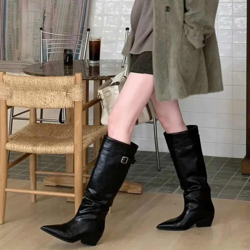 Quality Belt Buckle, Knight Boots, Women's Pointed-toe, Thick-soled, Long Boots