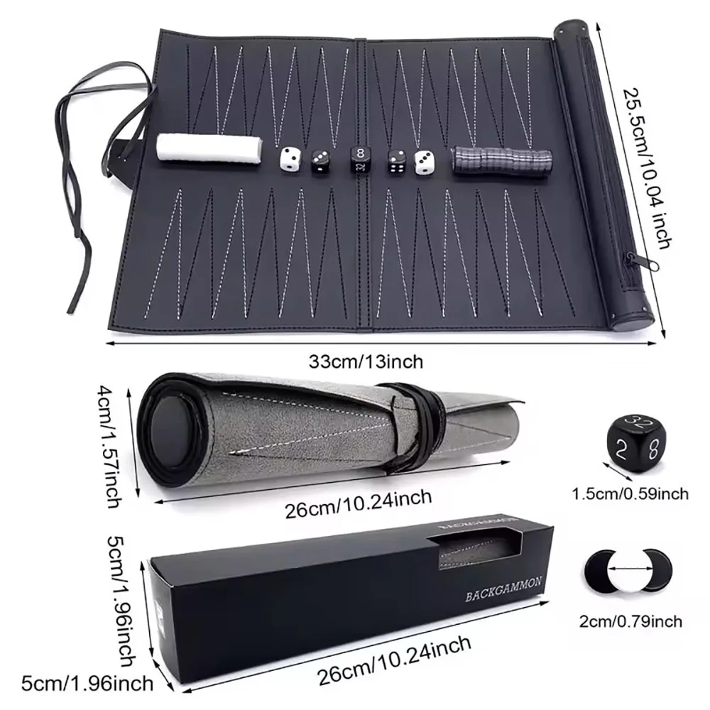 Portable Leather Backgammon Set Travel Board Game Roll-up PU Leather Chess Board with Dice and Checkers Pieces for Family Party