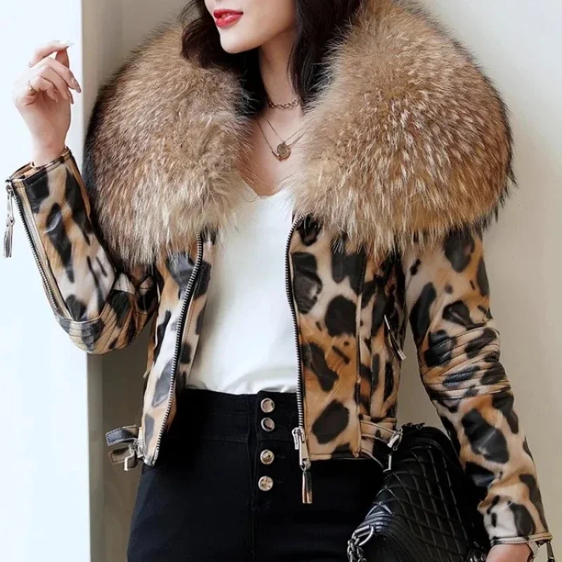 

FURYOURSELF 2023 Winter Women Genuine Leather Short Brand Women Sheepskin Leopard Print Motorcycle Jacket Big Fur Collar Slim