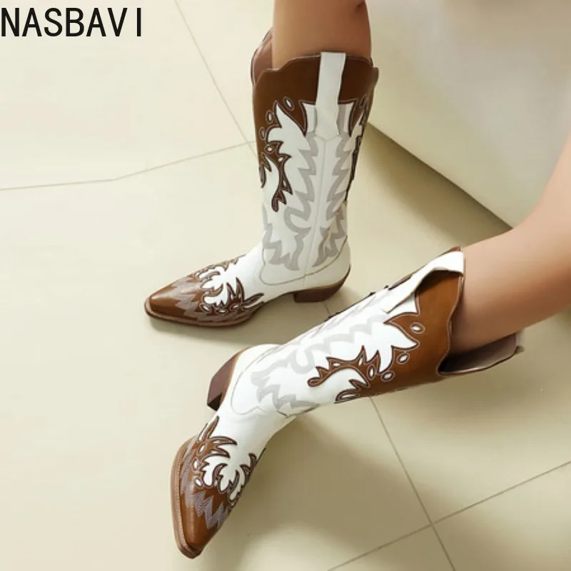 

NASBAVI 2026 Fashion Cowboy Boots for Women Embroidery Leather Knee High Boot Country Western Brown Cowgirl Shoes Plus 43 Size