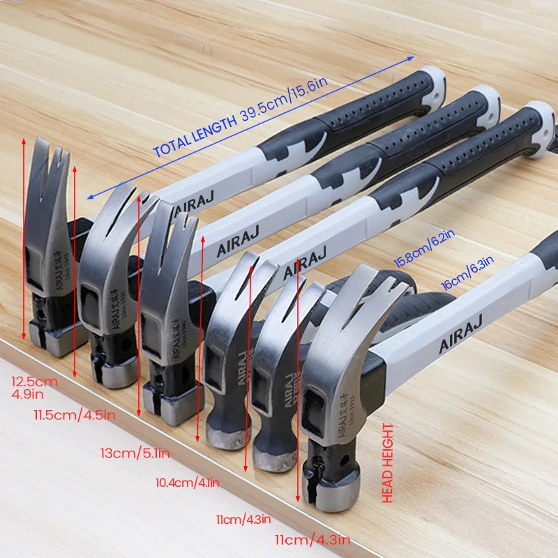 AIRAJ 6 Pcs Short/Long Handle Claw Hammer Double Nail High Carbon Steel Household Durable Anti Slip Industrial Grade Hand Tools