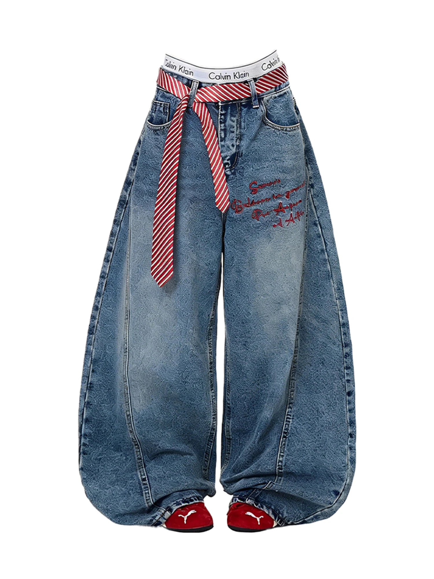 Women's Blue Baggy Y2k Grunge Wide Jeans Japandi Style Oversize Letter Print Jean Pants Vintage Harajuku Denim Trousers Clothes