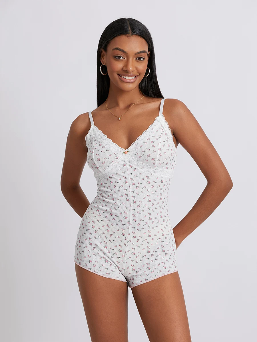 

Y2k Sleeveless Bodysuit V Neck Bodycon Floral Print Shorts Stretchy Pajama Playsuit Rompers Jumpsuit