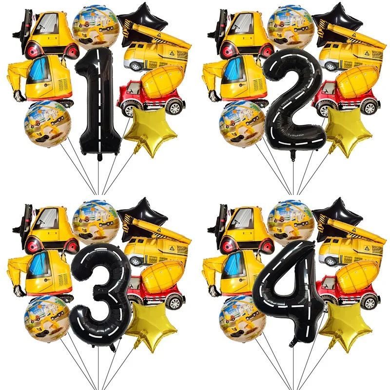 11-teiliges Geburtstagsballon-Set mit Bagger-Bauphema – farbenfrohe Party-Dekoration für Kindergeburtstage mit technischem Thema