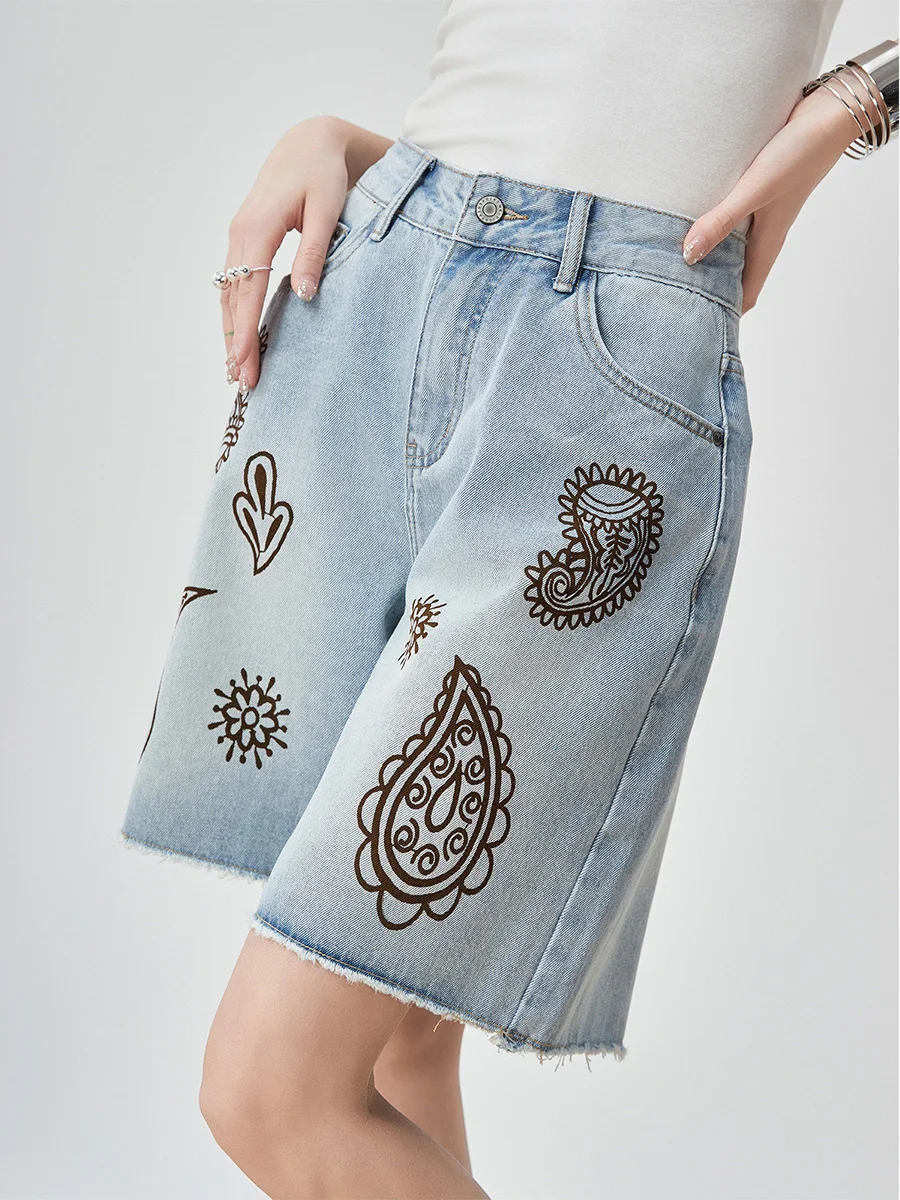 

Blue High Waist Wide Leg Denim Jeans Women Summer Loose Casual Versatile High Waist Five-Point Shorts with Coconut Flower