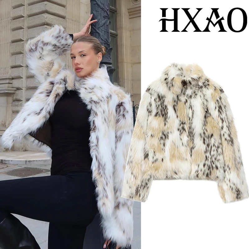 

HXAO леопардовое пальто из искусственного меха для женщин, пушистое осенне-зимнее пальто, женская укороченная плюшевая куртка с длинными рукавами, женская верхняя одежда