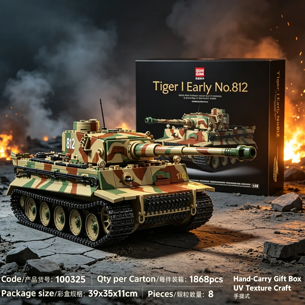 Quanguan Tiger I Early Tanks MOC Collectible Tank Models Heavy-duty Tracked Armored Vehicle Assembly Building Block Toys 100325