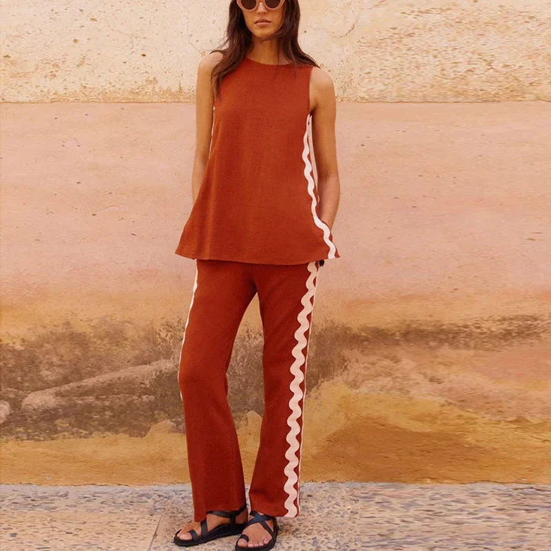 Verão feminino conjunto de duas peças o pescoço sem mangas impresso colete camisa calças soltas terno feminino conjuntos de correspondência