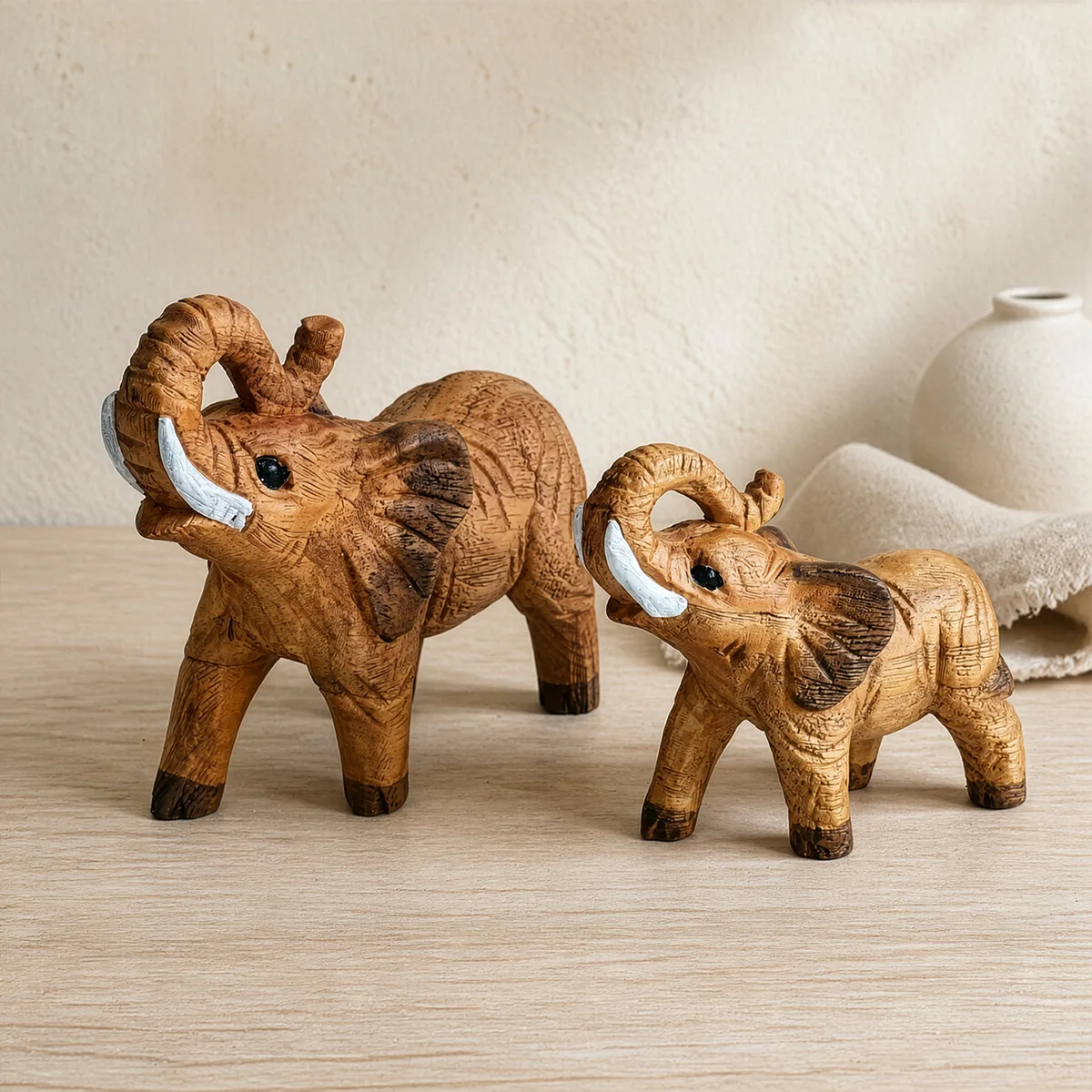 Resin Elephant Figurine Wood Carved Look Animal Statue Trunk Up Lucky Ornament Home Office Desktop Decor Gift