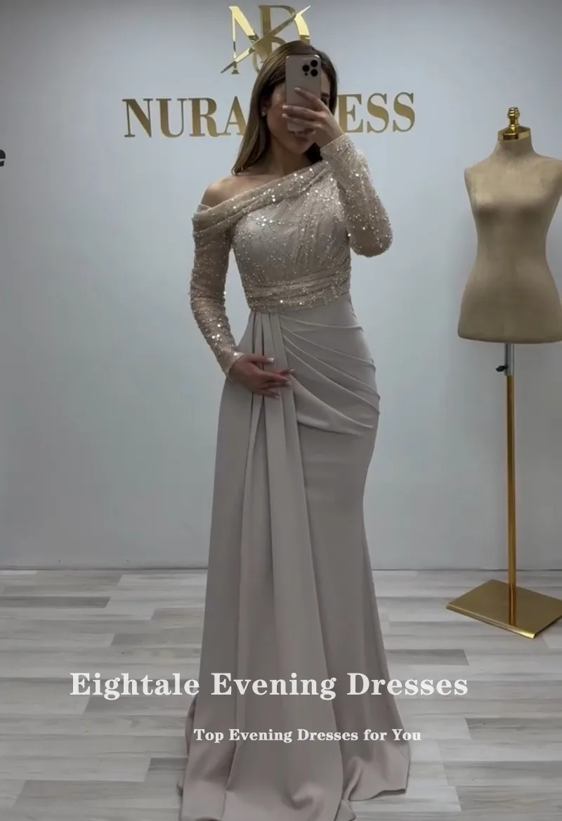 فستان سهرة عربي Eightale مخصص بكتف واحد مزين بالترتر من الدانتيل وتنورة من الساتان القابل للتمدد حورية البحر وحفلات الزفاف وحفلات الزفاف