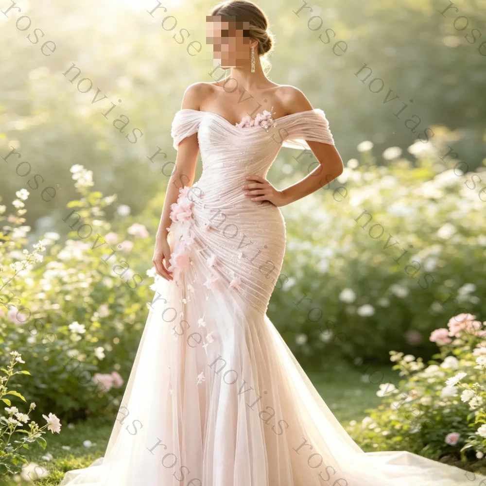 Customized Romantic Long Train Gowns Off The Shoulder Yellow Tulle Mermaid Dress Ruched 3D Floral Sheer Skirt Evening Dresses