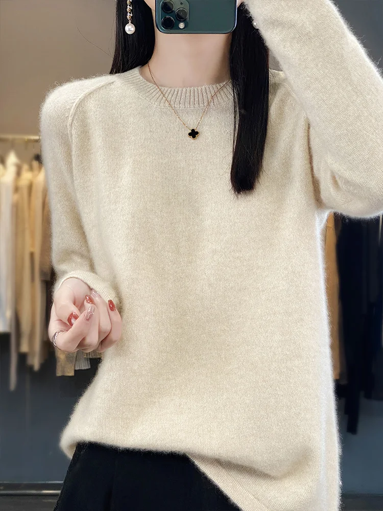 Women Spring Autumn Sweater 100% Merino Wool Pullovers O-neck Long Sleeves Female Casual Cashmere Knitwear Korean Fashion Tops