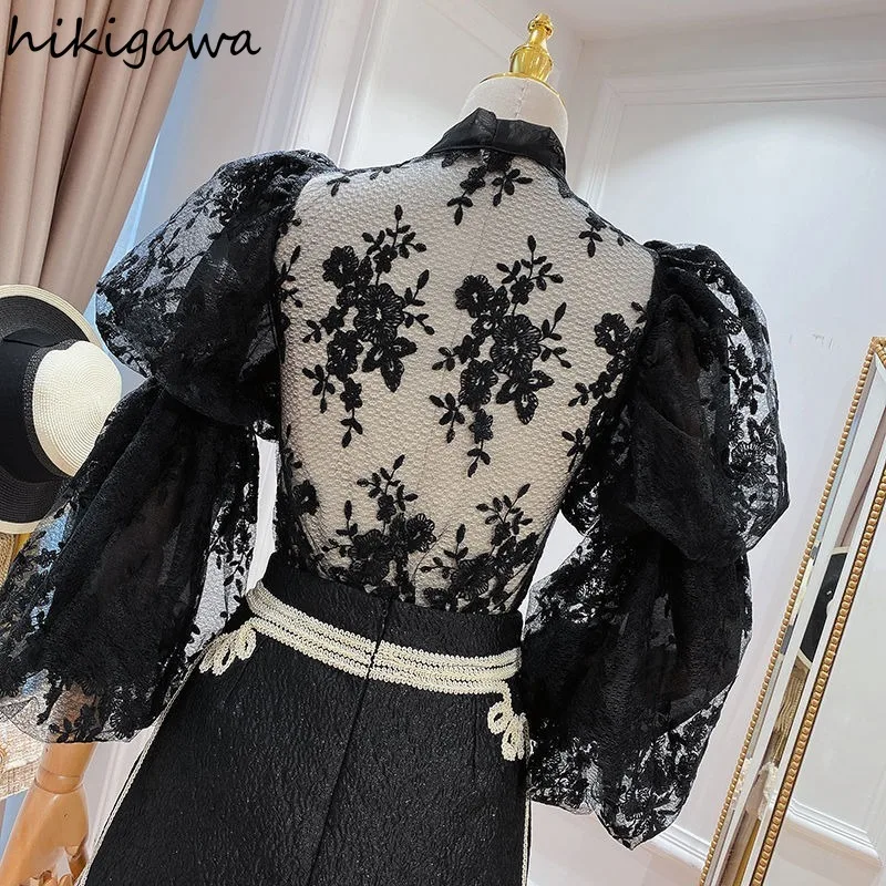 Temperament Lady Tops Bandage Bow Sweet Blouse 2024 Women Clothing Camisas De Mujer Lace Puff Sleeve See Trough Summer Shirts