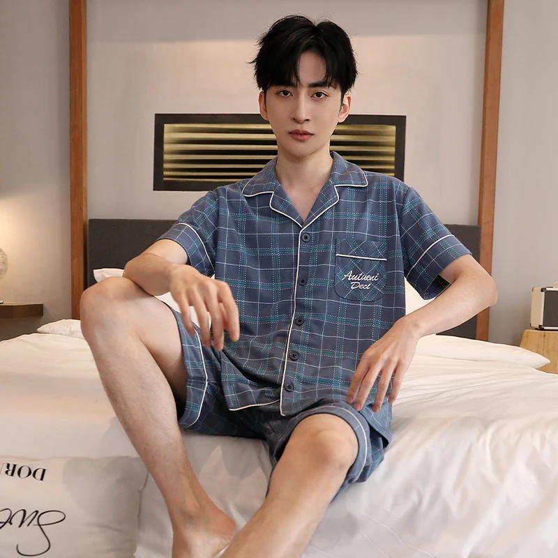 

Мужская одежда для сна большого размера L-5XL, летний трикотажный хлопковый пижамный комплект, мужская пижама с отложным воротником