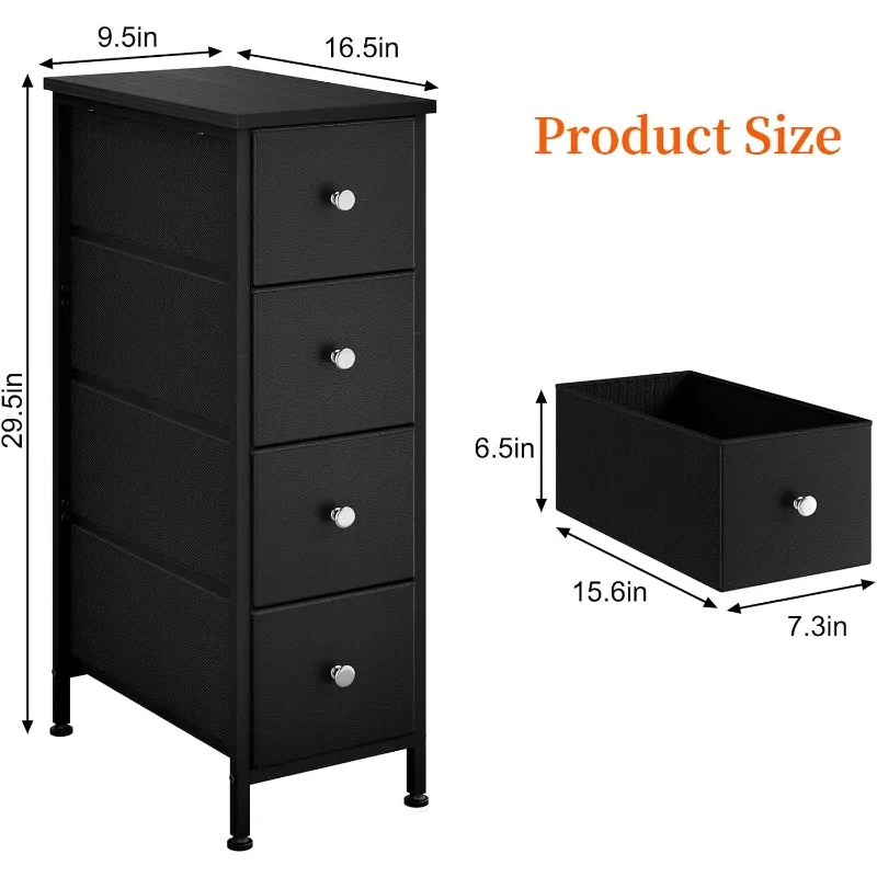 Narrow Storage Cabinet, Dresser with 4 Drawers, Slim Fabric Dresser Storage Tower for Small Spaces, Black Dresser with St