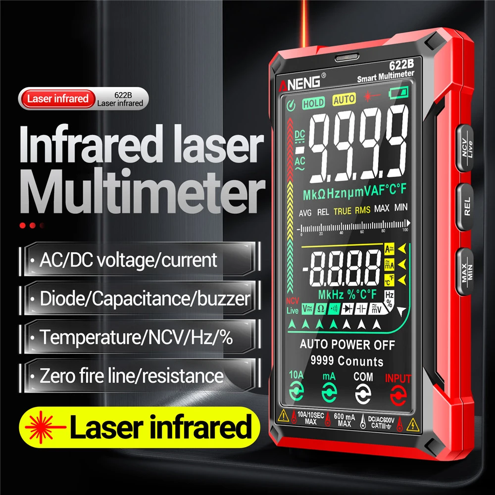 

ANENG 622B DC/AC 9999 Digital Smart Multimeter 10A Tester Meter Auto Range True RMS Multitester With Laser Lamp Capacitance Ohm