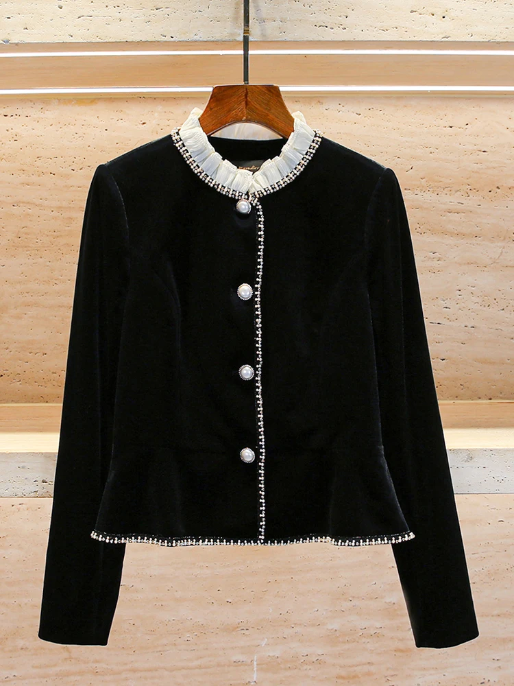 

Nanyou High-End Women's Winter Velvet Open Cardigan with Wooden Rhinestone Design in Small Fragrance Style Short Outerwear