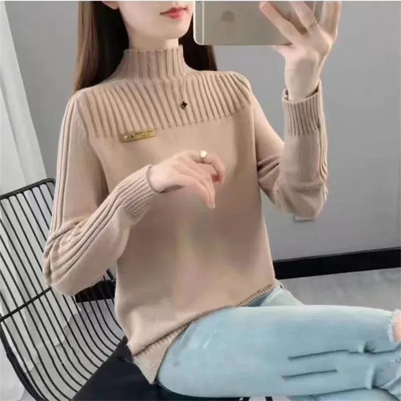 2023 Spring and Autumn Cashmere Sweater Women\'s Knitted Sweater Half High Neck Pullover Long Sleeves Jumper Soft Femme Tops