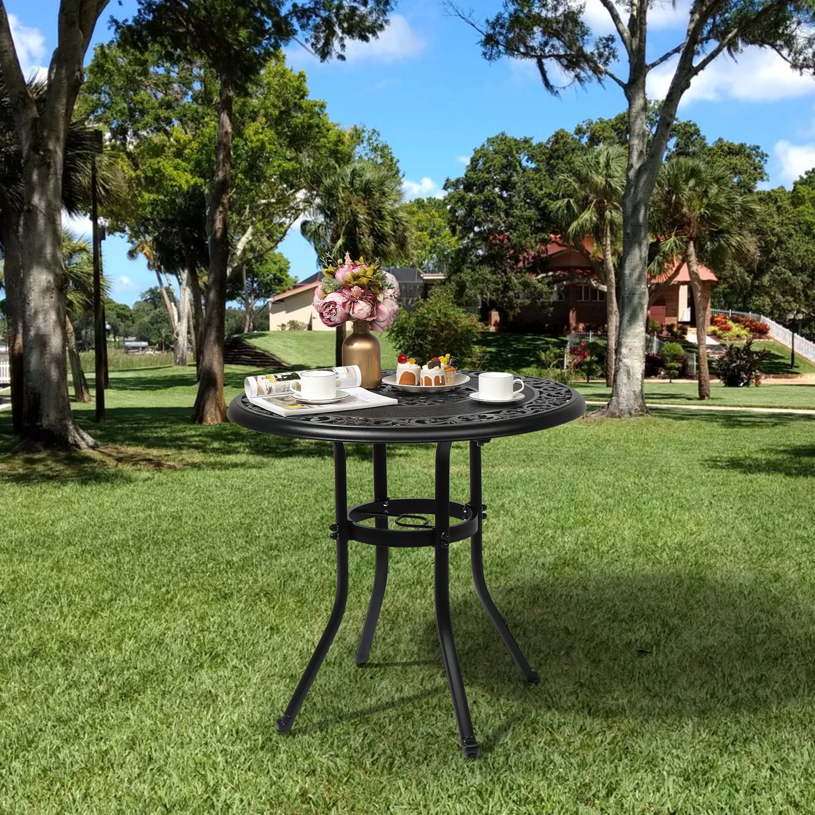 Courtyard Cast Aluminum Round Table Rust Resistant Light Durable 31.5*31.5*29Inch Black Suitable for Garden Garden Park