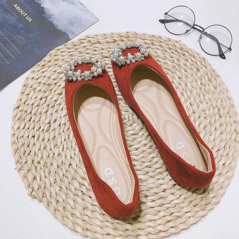 Women Flats Diamond Pearls Crystal Women Flat Shoes Soft Sole Solid Color Wedding Shoes Square Head Comfortable Moccasins Loafer