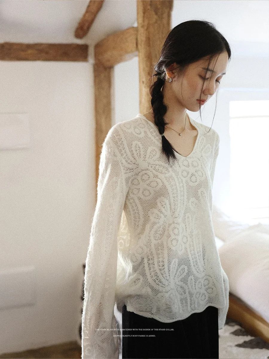 

Lalaglow Garden Gentle Wind Lace Lightweight Loose Knitted Top for Women Korean Sle Breathable V-Ne Long Sve Autumn